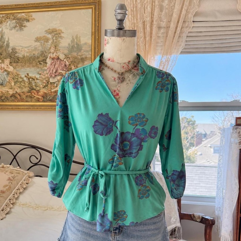 70s floral top Blue floral vintage belted romantic summer top